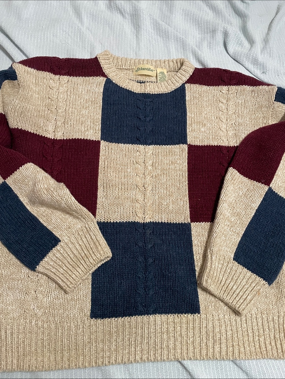 St. John's Bay Checkerboard Cable Knit Crewneck - Beige/Navy/Burgundy